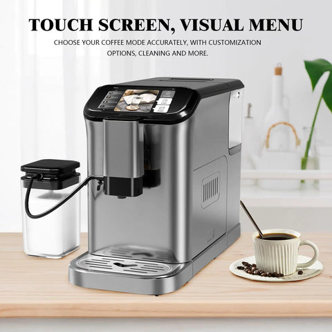 Super Automatic Espresso Machine Packs 20 Bar Pressure And Built In Conical Burr Grinder To Brew Smooth Lattes And Cappuccinos No Sweat Daily Routine with touch screen on kitchen countertop.
