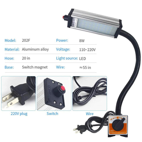 Magnetic LED Work Light With 44 LEDs, Beefy Gooseneck Lamp, Waterproof IP66, 800 Lumen, 19 Inch Flexible Arm, 120 Volt Power For Lathe Machines And Tool Workstations
