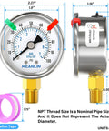Rugged Stainless Steel Dry Pressure Gauge 0 To 100 Psi With A Two Inch Dial One Quarter Inch NPT Lower Mount Waterproof shown with dimensions and Teflon tape included.