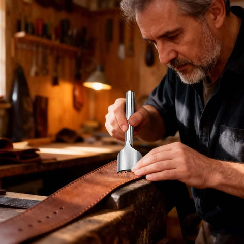 Craftsman using nine piece half round leather punch set from 10mm to 50mm for belts in workshop, durable steel arch curve punch tool