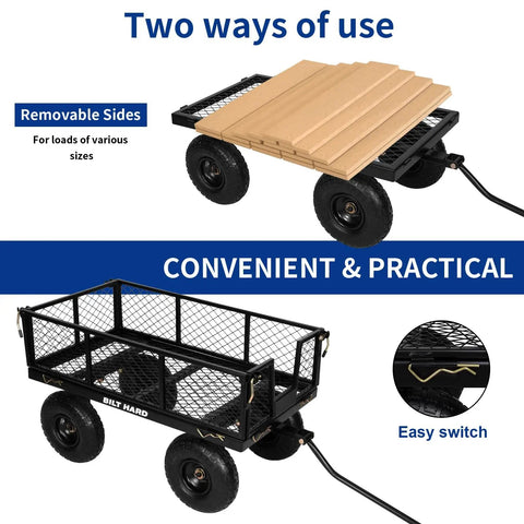 Heavy Duty Garden Cart With 880 Lbs Load Capacity showing removable sides and all-terrain wheels for yard work.