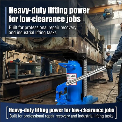 Tough As Nails Double Action Hydraulic Toe Jack delivers 20 ton lift under low profile loads in industrial garage setting.