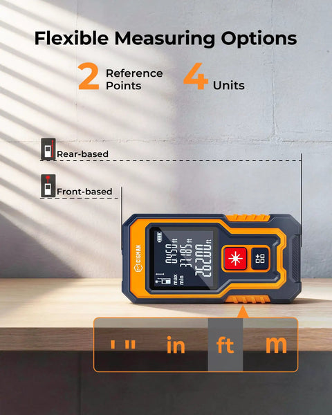 262 Ft Laser Tape Measure For Home DIYers And Real Estate Pros, Fast Accurate Readings Under 0.5s, Switch Between M In Ft And Front Or Rear Reference, Portable Pocket Laser Measuring Tool For Jobsites on a table
