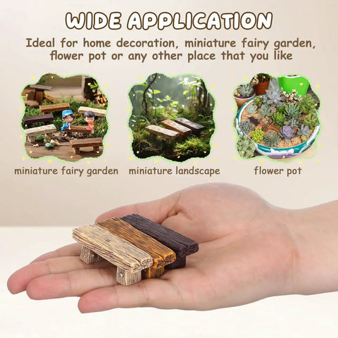 Person holding Miniature Bench Set Resin Faux Wood Six Piece for Crafts Micro Landscape Dollhouse and Fairy Garden Accessories 2.20 Inch