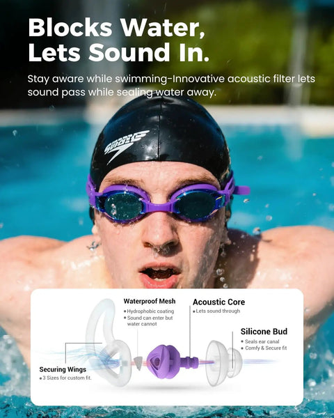 Swim Ear Plugs For Adults Silicone Reusable Waterproof With Custom Fit For Swimmers in purple during pool training