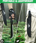Man holding 19 Inch Machete With Saw And Sheath, Sharp Blade, shows ergonomic handle for bushcraft, camping, yard work.