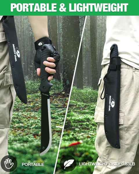 Man holding 19 Inch Machete With Saw And Sheath, Sharp Blade, shows ergonomic handle for bushcraft, camping, yard work.