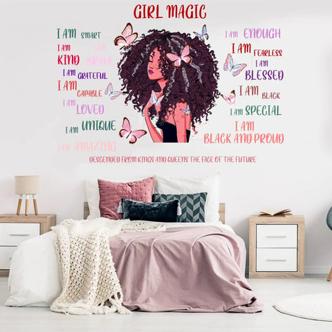 Black Girl Wall Decal With Inspirational Quote And Butterfly Sticker for bedroom decor above bed.