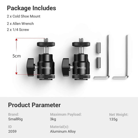 1/4 Inch Camera Hot Shoe Mount With Ball Head And Extra 1/4 Inch Screw, Dual Pack, showing components and specifications
