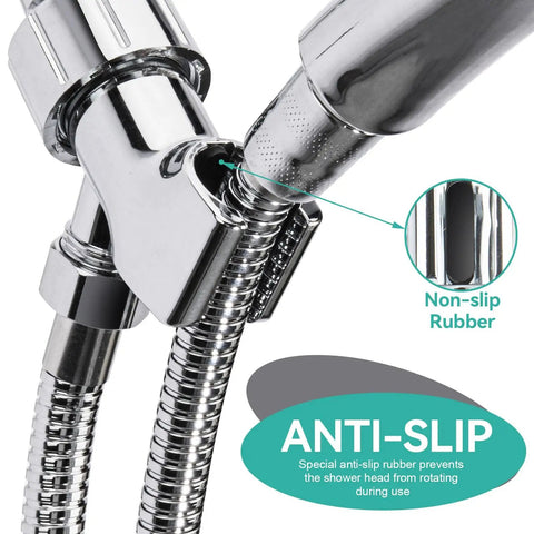 Brass Ball Shower Holder With 360 Degree Spin And Adjustable ABS Bracket In Chrome Finish, Universal arm connector fits shower hose with non-slip rubber