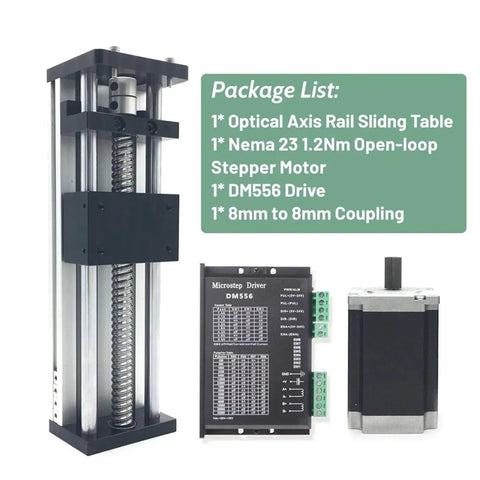 Heavy Duty Nema 23 Motor Sliding Table Kit With Linear Guide Rail And Precision Optical Axis Slide Stage For Dc 24v Cnc Workbench showing motor and drive.