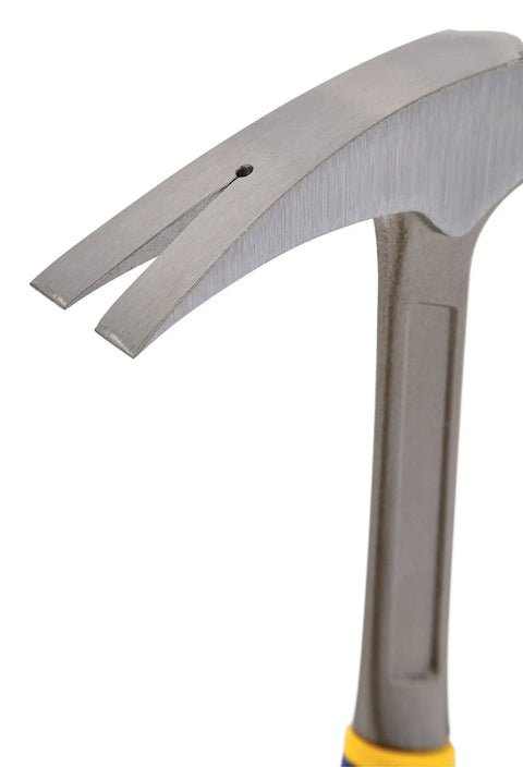 Close-up of the claw head of Forged Steel Claw Hammer 20 Oz Workhorse With ProTouch Grip For Comfort and Less Hand Fatigue.