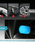 Glow In The Dark Tire Valve Caps 20 Pack Fluorescent Valve Stem Caps Blue For Cars SUVs Bikes Motorcycles Trucks Universal Fit Night Visibility Cool Gift Idea, showing before and after installation.