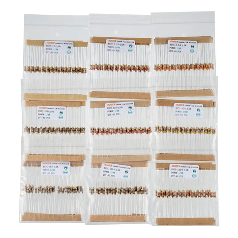 Massive 1000 Pack 25 Value Carbon Film Resistors Kit From 1 Ohm To 1 Meg Ohm One Quarter Watt Five Percent for DIY Projects, labeled packs.