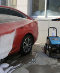 High Power Pressure Washer Gun With Adjustable Pressure used on red car, showing foam application, 5000 PSI, connected to washer