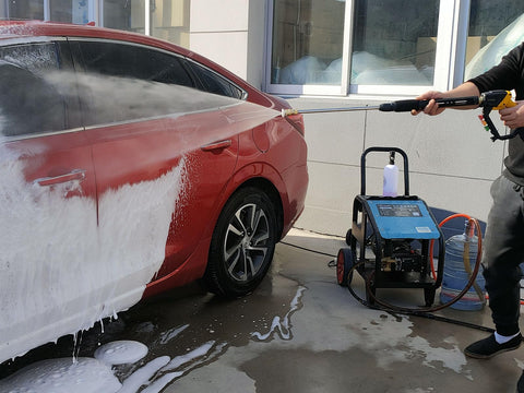 High Power Pressure Washer Gun With Adjustable Pressure used on red car, showing foam application, 5000 PSI, connected to washer