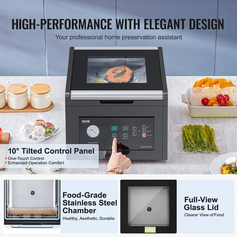 Chamber Vacuum Sealer 380W Pump Power for Home Kitchen on countertop with elegant tilted control panel and vacuum-sealed food