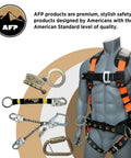 Safety gear set with harness, carabiners, and straps for secure use. Shock Absorbing Tool Lanyard With Steel Self Locking Carabiner Adjustable Loop And One Hand Release 15 Pound Weight Capacity For Safe Clipped Gear On The Job.