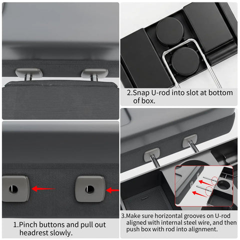 Installation steps for Front Center Seat Headrest Organizer For Ford F-Series Jump Seat Consoles, showing attachment process.
