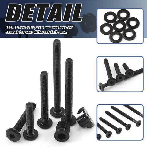 181Pcs M6 Hardware Kit All In One For Wood Furniture And Baby Crib Screws Set With Hex Socket Cap Bolts and Washers Detail