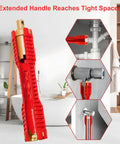 8 In 1 Faucet And Sink Installer Wrench For Plumbing Repairs with 10.3in red handle, shown in bathroom setting near toilet and sink.