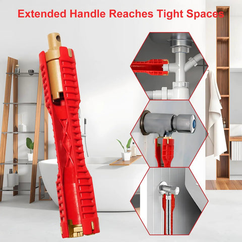 8 In 1 Faucet And Sink Installer Wrench For Plumbing Repairs with 10.3in red handle, shown in bathroom setting near toilet and sink.