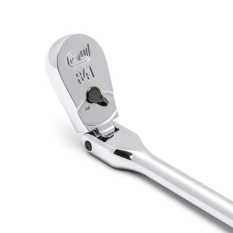 1/2 Inch Drive 84-Tooth Flex Head Teardrop Ratchet 17 Inch Long With Enclosed Head, bright chrome finish, angled view