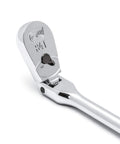 84 tooth chrome ratchet head with low profile teardrop design from 4 Piece Flex Handle Ratchet Set with bright chrome finish and dirt resistance