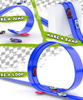 Flexible 15Ft Race Car Track for Kids Dope Roll Up Portable Racetrack with 4 Cars showing loop, ramp, and jump features