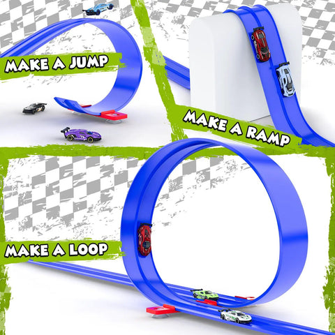 Flexible 15Ft Race Car Track for Kids Dope Roll Up Portable Racetrack with 4 Cars showing loop, ramp, and jump features