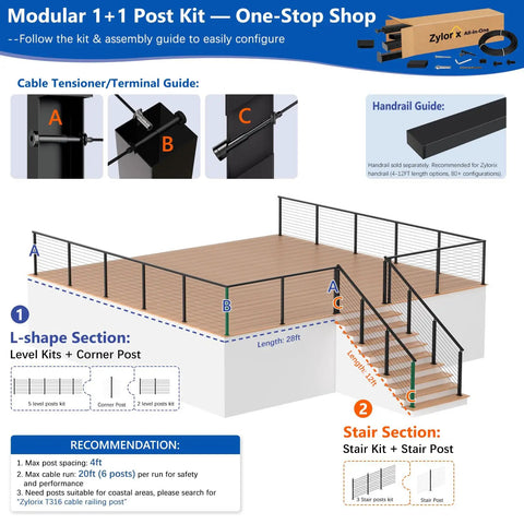 Diagram of 36 Inch Modular Cable Railing Post Kit For Deck Surface Mount With Heavy Duty Stainless Steel Wire System showing installation configuration.