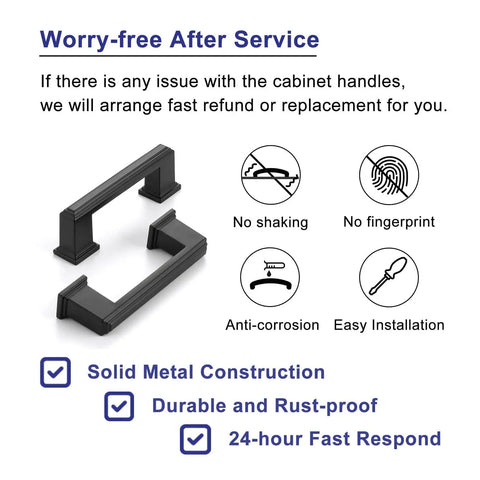 Diagram showing 10 Pack 3 Inch Hole Center Matte Black Cabinet Pulls with features: no shaking, no fingerprint, anti-corrosion.