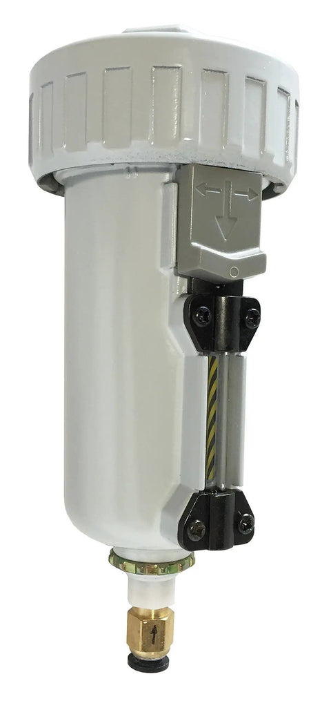 External Water Trap Valve With Automatic Drain For Compressed Air System, 1/2 In NPT Female Ports, side view showing metal bowl sight glass.