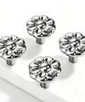 Chrome Flower Drawer Knob Set Zinc Cabinet Pulls 4 Pack on white surface, easy install, durable chrome finish, modern stylish hardware.