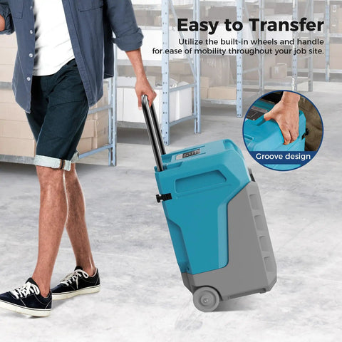 Heavy Duty Commercial Dehumidifier With Built In Pump, portable with wheels for ease of use in warehouses and factories.