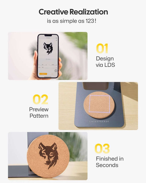 LaserPecker LP2 laser engraver with rotary roller; smartphone app design preview and cork coaster being engraved.