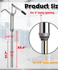 No Frills Heavy Duty Lever Action Drum Pump For 5 To 55 Gallon Drums with size details for 2 and 3/4 inch bung openings.