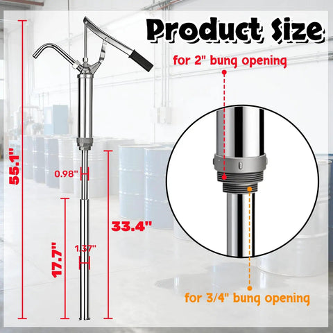 No Frills Heavy Duty Lever Action Drum Pump For 5 To 55 Gallon Drums with size details for 2 and 3/4 inch bung openings.