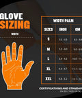 Glove sizing chart for Kickass Heavy Duty 8 Mil Orange Nitrile Gloves With Diamond Textured Grip, Latex And Powder Free, showing measurements.
