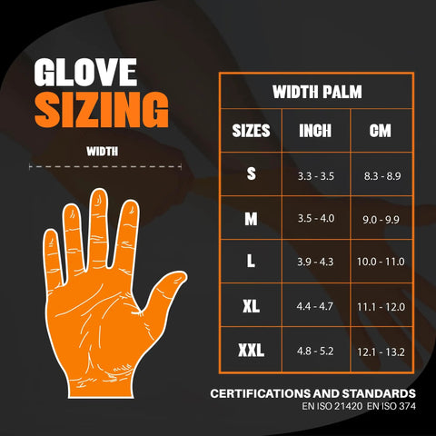 Glove sizing chart for Kickass Heavy Duty 8 Mil Orange Nitrile Gloves With Diamond Textured Grip, Latex And Powder Free, showing measurements.