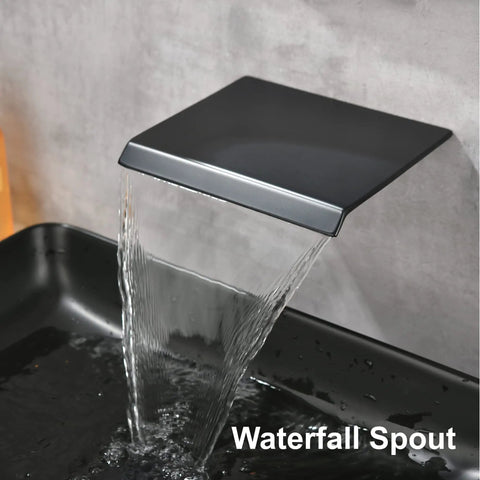 Wall Mount Bathtub Filler Faucet with Waterfall Flow, matte black finish, showcasing water flow into a tub.