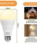 Rechargeable Emergency Light Bulb Battery Powered 9W LED 850 Lumens Soft White 3000K E26 120V UL Listed 4 Pack For Power Outages Camping Reading Hurricane Prep, showing dimensions and dual lighting methods.