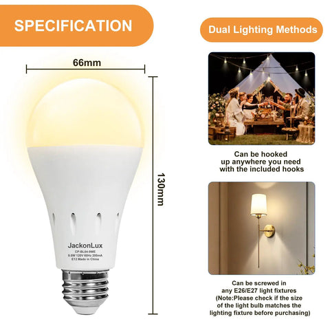 Rechargeable Emergency Light Bulb Battery Powered 9W LED 850 Lumens Soft White 3000K E26 120V UL Listed 4 Pack For Power Outages Camping Reading Hurricane Prep, showing dimensions and dual lighting methods.