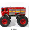 Remote Control Fire Truck Monster Truck Toy 1 By 18 Scale, red body, large all-terrain tires, LED lights, side view with measurements.