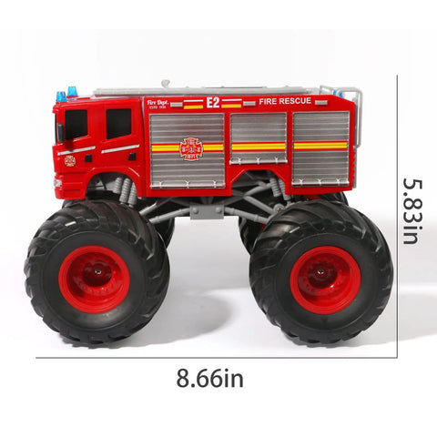Remote Control Fire Truck Monster Truck Toy 1 By 18 Scale, red body, large all-terrain tires, LED lights, side view with measurements.