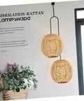 Simulated rattan lampshades hanging in a modern room, part of Set Of 3 Retro Rattan Woven Pendant Light Covers Boho Handwoven Natural.