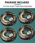 Four 12x2 inch electric trailer brake assemblies for dual-axle trailers; bronze metal components, black housings.