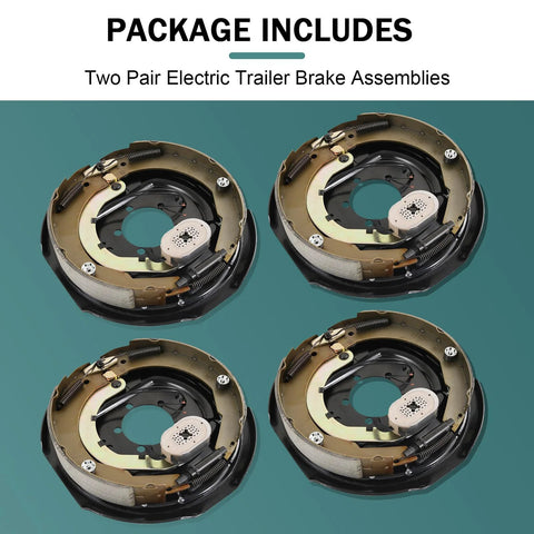 Four 12x2 inch electric trailer brake assemblies for dual-axle trailers; bronze metal components, black housings.
