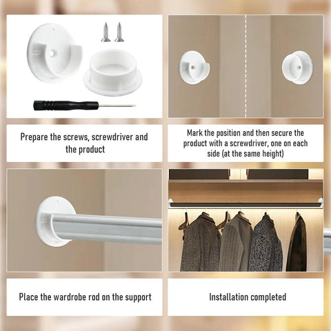 Plastic Closet Rod Bracket Holder Set For One And Three Eighths Inch Rods White U Shaped Open Socket Brackets With End Flange For Closets And Shower Curtain Rods Includes Mounting Screws Two Pack installed on closet rod