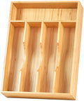 Premium Bamboo Kitchen Drawer Organizer Nine Inch Silverware Tray straight up solid design with four compartments for cutlery.